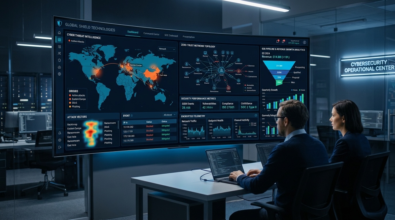 Cybersecurity executive reviewing enterprise threat intelligence dashboard, zero-trust network telemetry, and B2B client acquisition pipeline