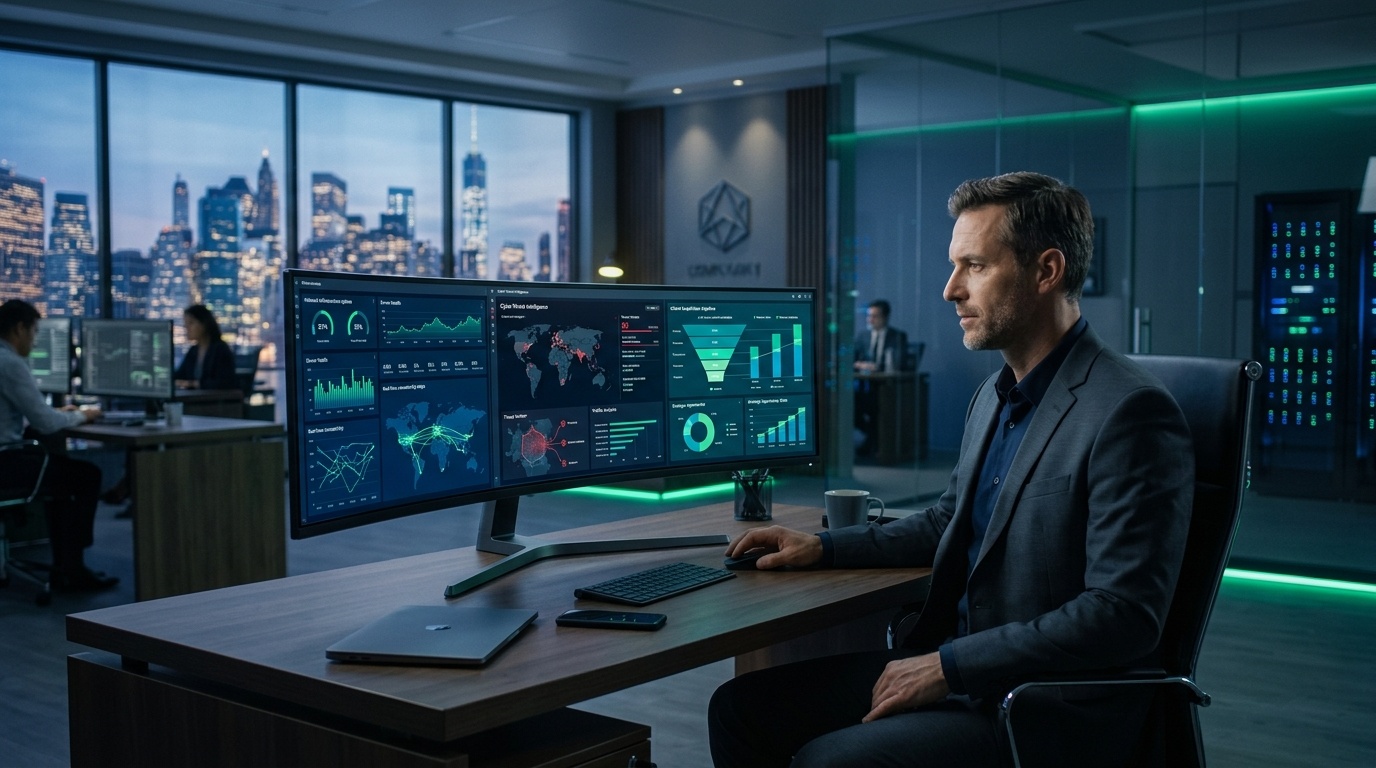 Executive IT director reviewing modern MSP network infrastructure monitoring dashboard and B2B client acquisition pipeline