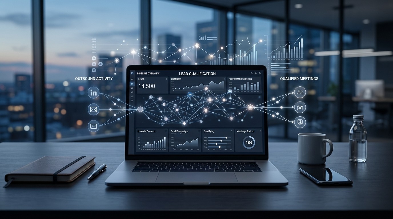 Managed outbound pipeline overview dashboard displaying multi-channel outreach, email and LinkedIn orchestration, and qualified meeting generation on a laptop