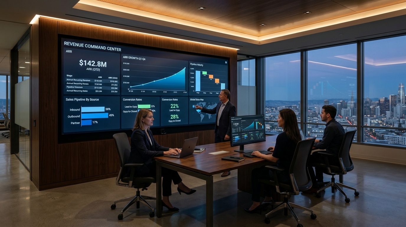SaaS founders and revenue leaders analyzing B2B customer acquisition pipeline, outbound conversion metrics, and enterprise deal velocity