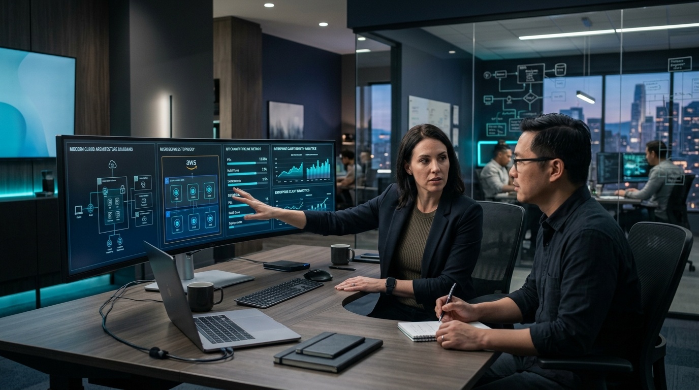 Software engineering directors reviewing modern cloud architecture diagrams and enterprise client acquisition pipeline