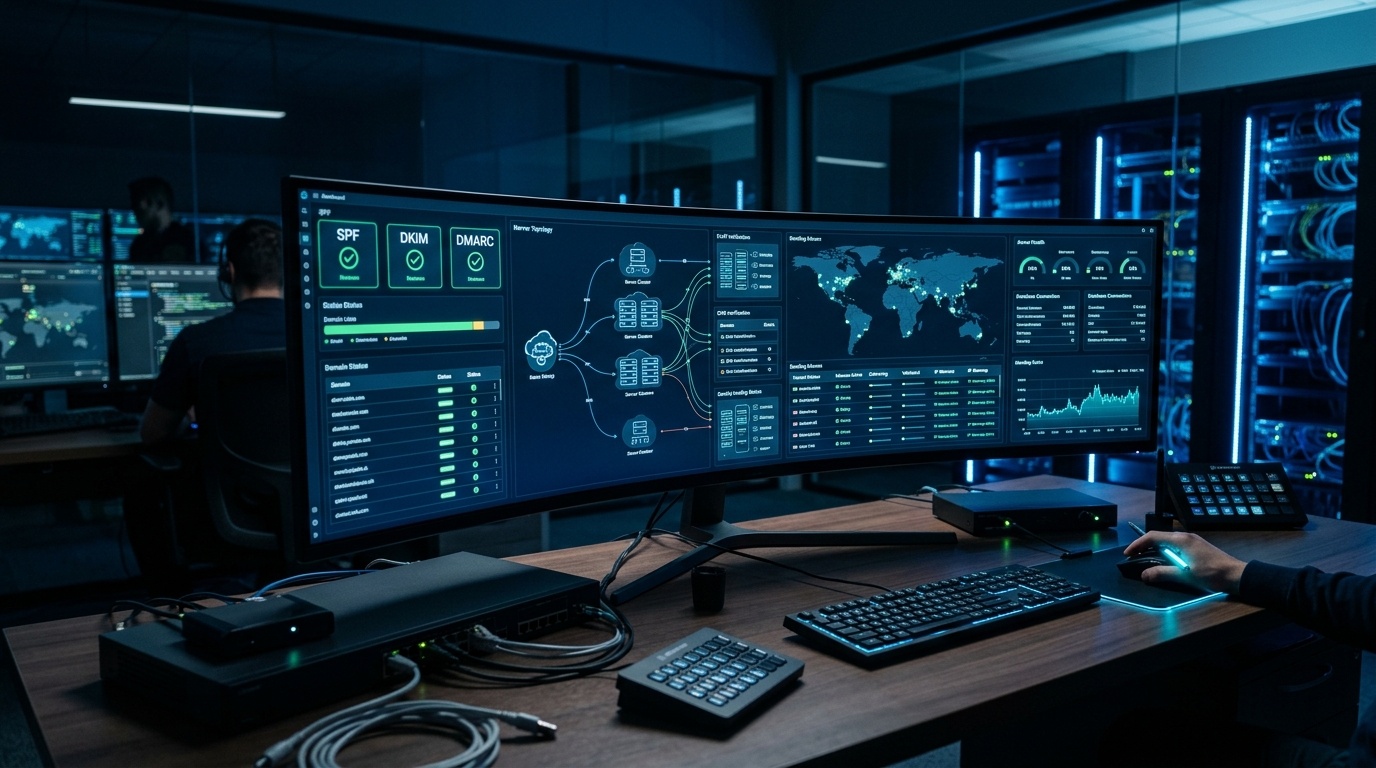 Technical command center monitor displaying enterprise cold email infrastructure topology, DNS authentication status for SPF, DKIM, DMARC, and domain sending health