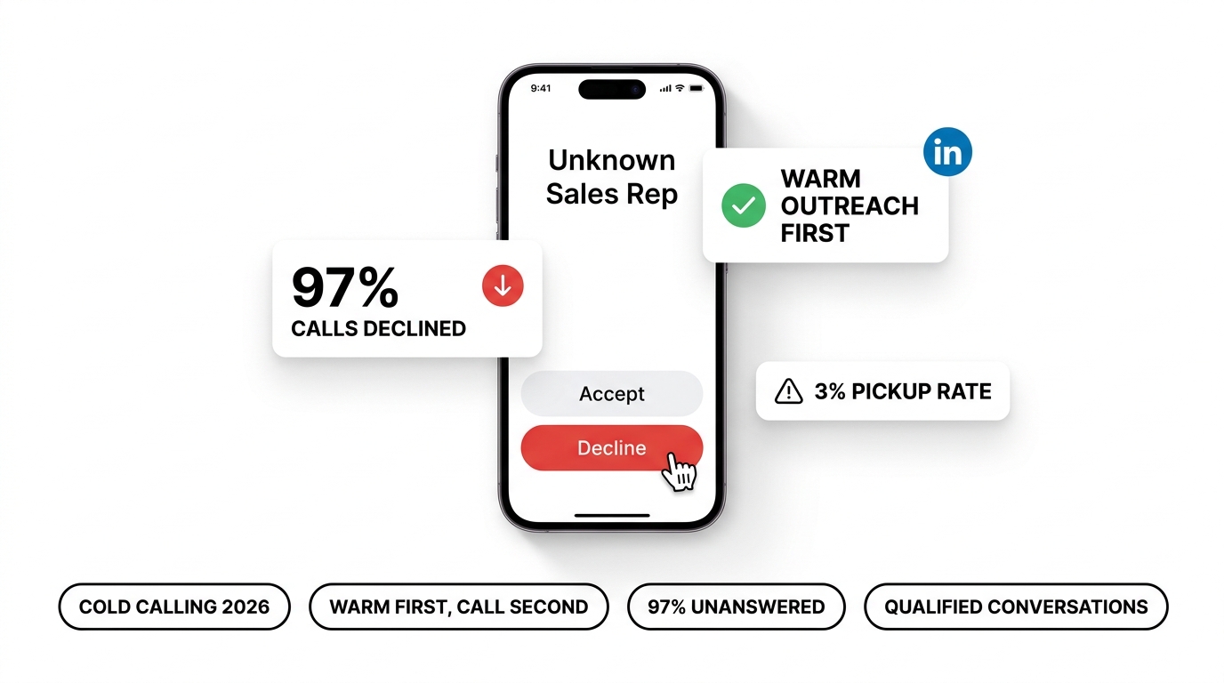 Smartphone declining an unknown sales call with 97% calls declined stat badge and warm outreach first label