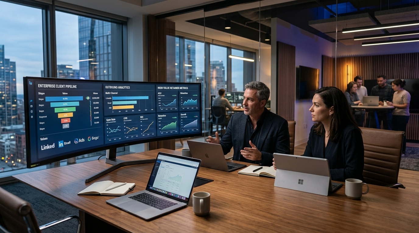 Marketing agency executives reviewing enterprise client acquisition pipeline, outbound analytics, and high-value retainer metrics